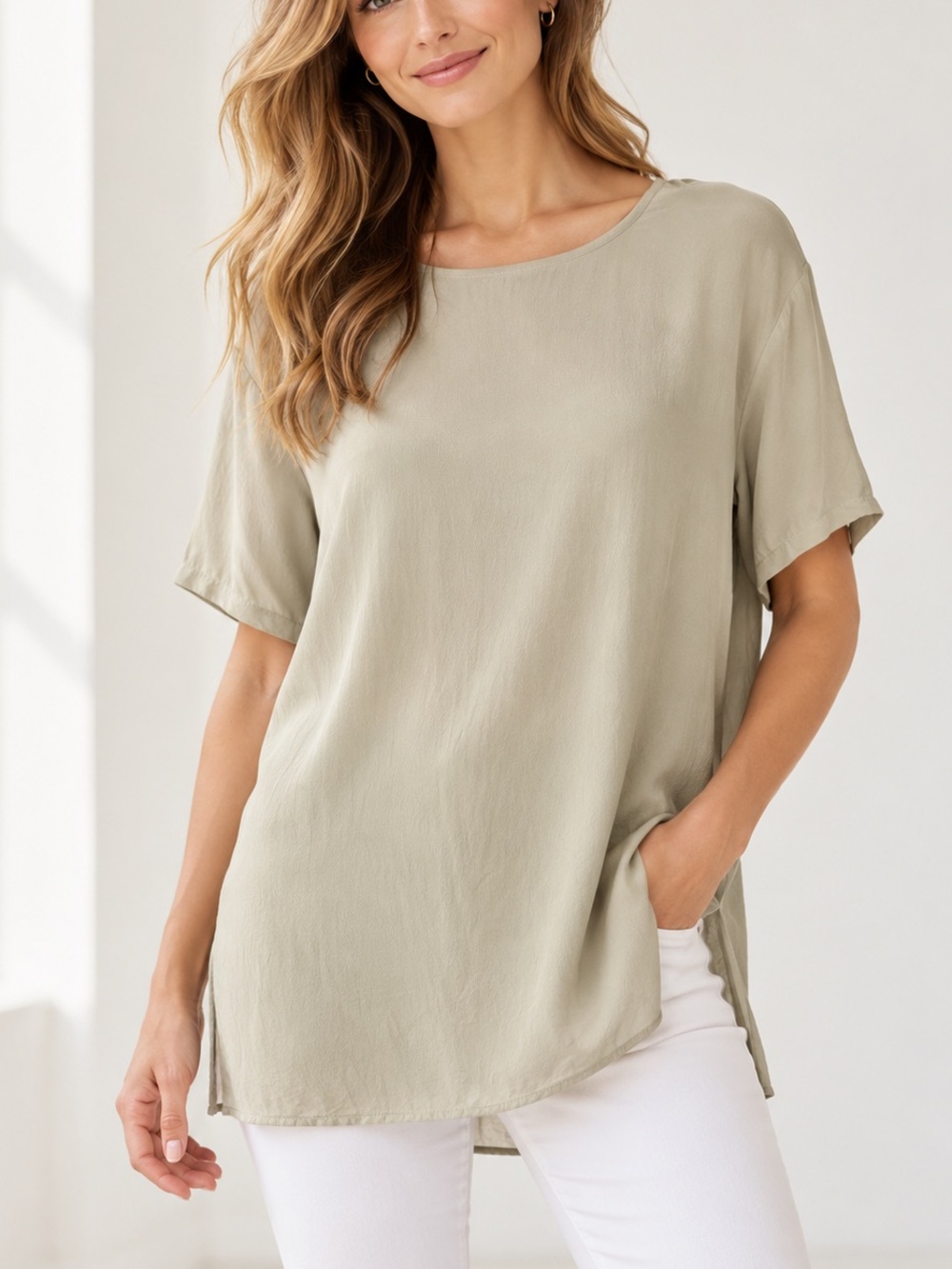 Field Manor 100% Silk Taupe Short Sleeve Tunic Top Size XL